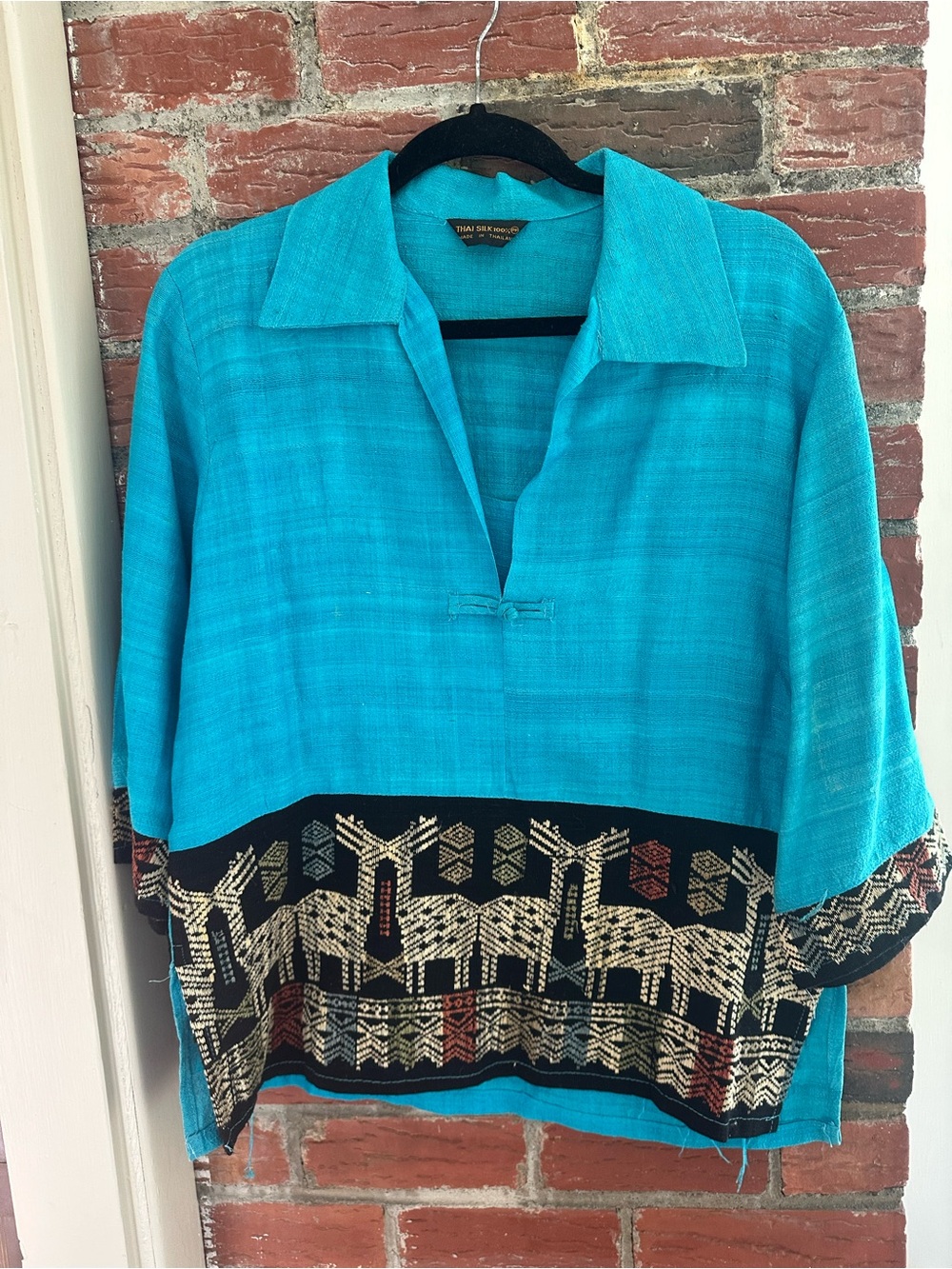 Turquoise Embroidered Linen Tunic Top - Women